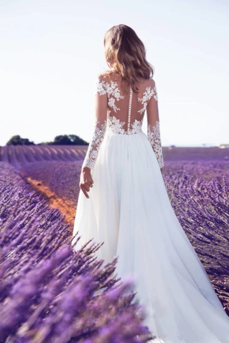 Long Sleeve Sheer Lace Wedding Bridesmaid Maxi Dress with Slit